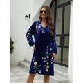 abito casual da donna abito midi ricamato con manica giorno di San Valentino appuntamento di lavoro elegante basic scollo a V manica lunga manica a vescovo colore blu
