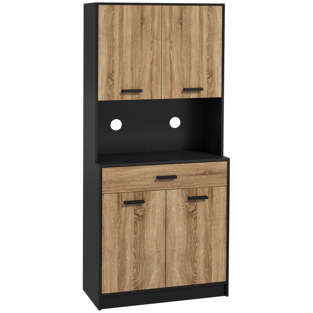 Buffet haut style industriel multi-rangement - noir aspect chêne clair