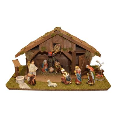 Krippe ALFRED KOLBE "Krippenstall ohne Trafo", braun, B:55cm H:28cm T:30cm, Holz, Weihnachtskrippen, mit Laterne, Brunne