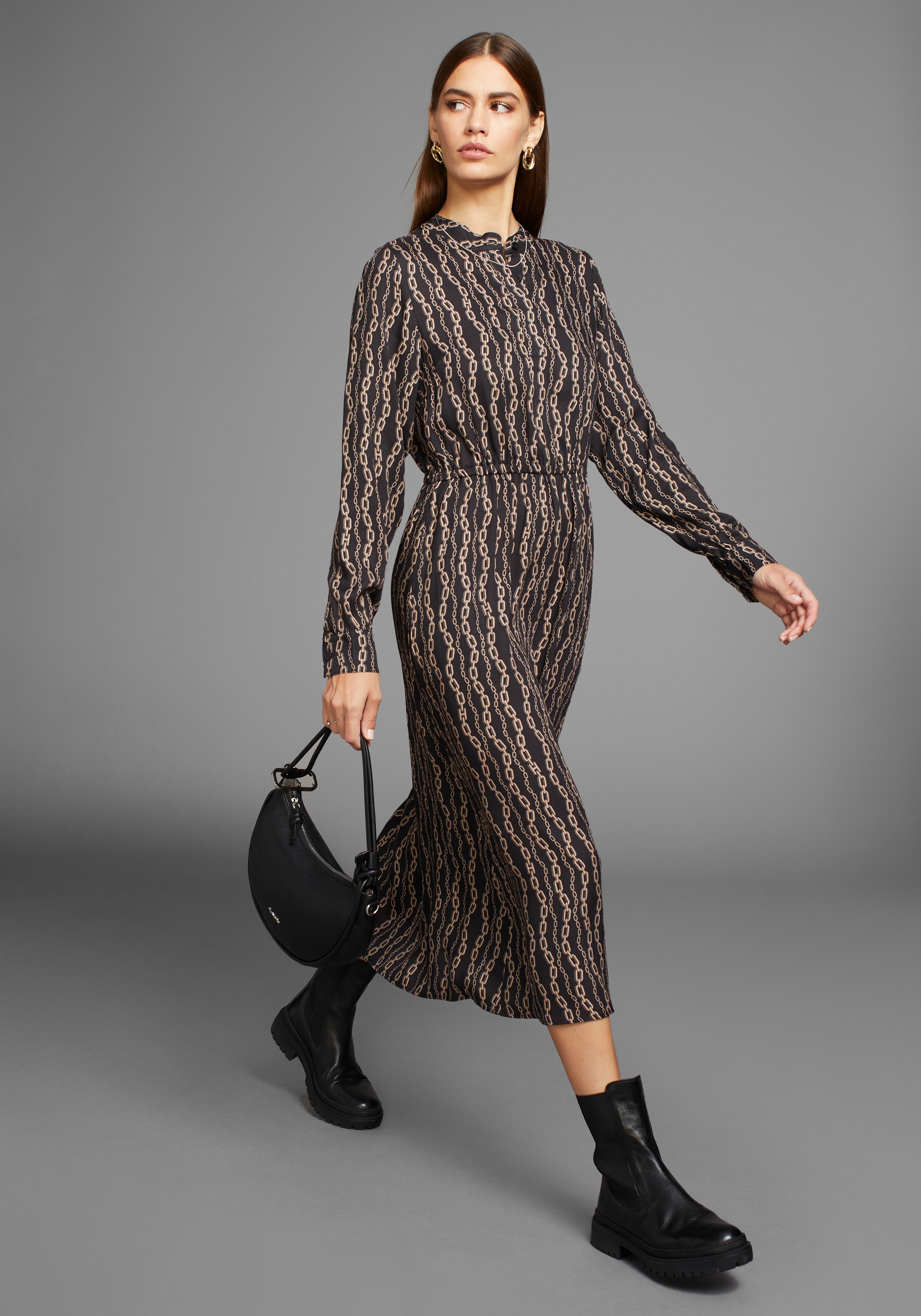 Midikleid HECHTER PARIS, Damen, Gr. 36, N-Gr, schwarz (schwarz, gemustert), Web, Obermaterial: 100% Viskose, Feminin, figurumspielend ca. Mitte Wade, hoch geschlossener Ausschnitt, Kleider, mit modischem Allover-Print Image