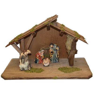 Krippe ALFRED KOLBE "Krippenstall", braun, B:52cm H:32cm T:25cm, Holz, Weihnachtskrippen, mit 15 cm Poly-Figuren 4tlg. Image
