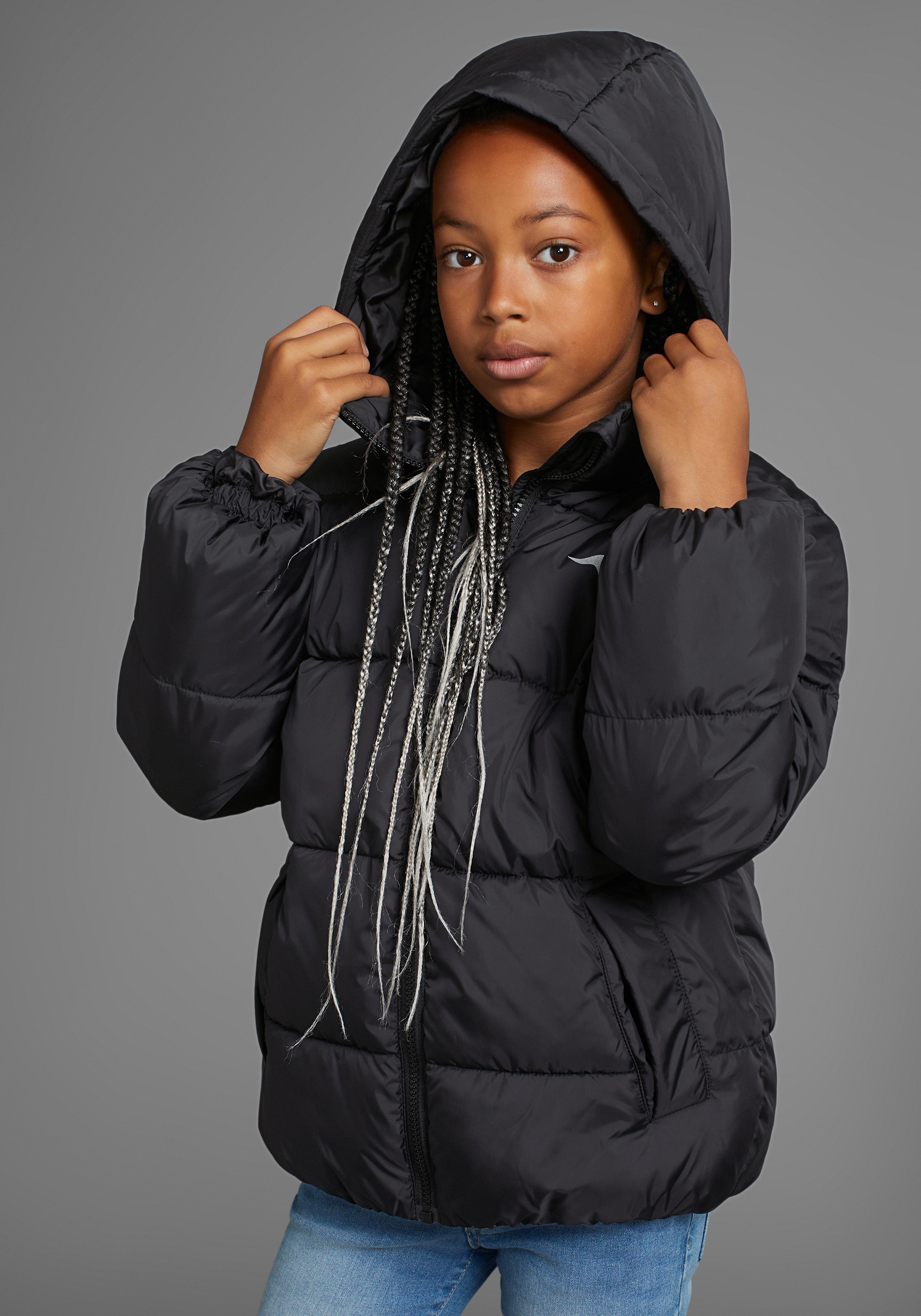 Winterjacke KANGAROOS "Outdoor Steppjacke für Mädchen", Mädchen, Gr. 164/170, schwarz, Web, Obermaterial: 100% Polyester. Futter: 100% Polyester. Wattierung: 100% Polyester, bedruckt, Basic hüftlang, normaler Saum mit Gummizug, Jacken Steppjacke,... Image