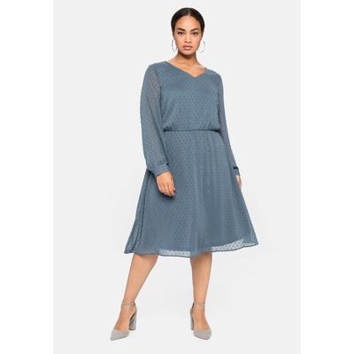 Abendkleid SHEEGO "Große Größen", Damen, Gr. 52, Normalgrößen, blau (stahlblau), Obermaterial: 100% Polyester;Futter: 100% Polyester, unifarben, feminin, figurumspielend knieumspielend, V-Ausschnitt, Langarm, Kleider Partykleid, mit 3D-Effekt, mit... Image