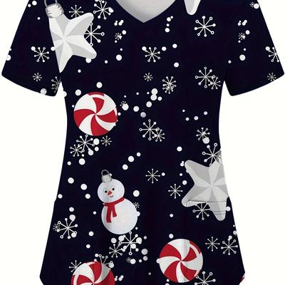 TEMU Snowman Print Short Sleeve Stretchy V-neck Top, Comfortable & Functional Health Care Uniform For Nurse, Women's Clothing