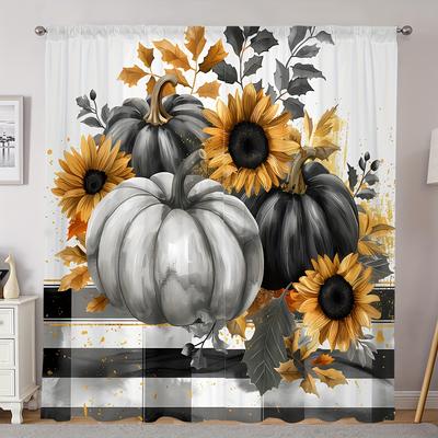 TEMU Autumn Harvest Digital Print Curtains: 2 Pieces, Featuring Pumpkins, Sunflowers, And Maple Leaves, Perfect For Living Room, Bedroom, Kitchen, And More