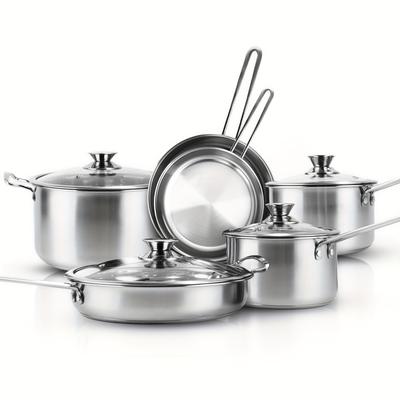 TEMU Stainless Steel Pots And Pans Set, 10-piece Kitchen Cookware Sets Cooking Set With Glass Lids, Frying Pans & Saucepan Compatible With All Stovetops