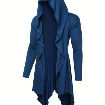 TEMU Long Hooded Cardigan Ruffle Shawl Collar Open Front Lightweight Drape Cape Overcoat With Pockets