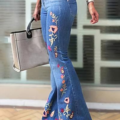 TEMU Women' Embroidered Flare Jeans - Denim Cotton Blend With Medium Stretch, Plant Pattern, Bell Bottoms Pants