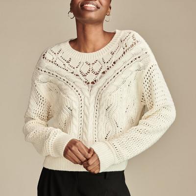 Lucky Brand Pointelle Crew Neck Sweater - Women's Clothing Outerwear Tops Sweatshirts Crewneck Hoodies in Tofu, Size 2XL