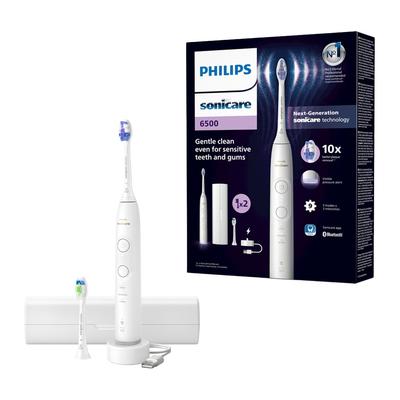 Elektrische Zahnbürste PHILIPS SONICARE "Series 6500 HX7410/02" Elektrozahnbürsten weiß (.) mit Andruckkontrolle, 3 Intensitätsstufen, inkl. Ladegerät, Reiseetui