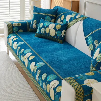 1pc Bohemian Chenille Sofa Slipcover Couch Cover, Geometric Embroidery Sofa Cover, Pet Dog Friendly, Thick Plush sofa Cover