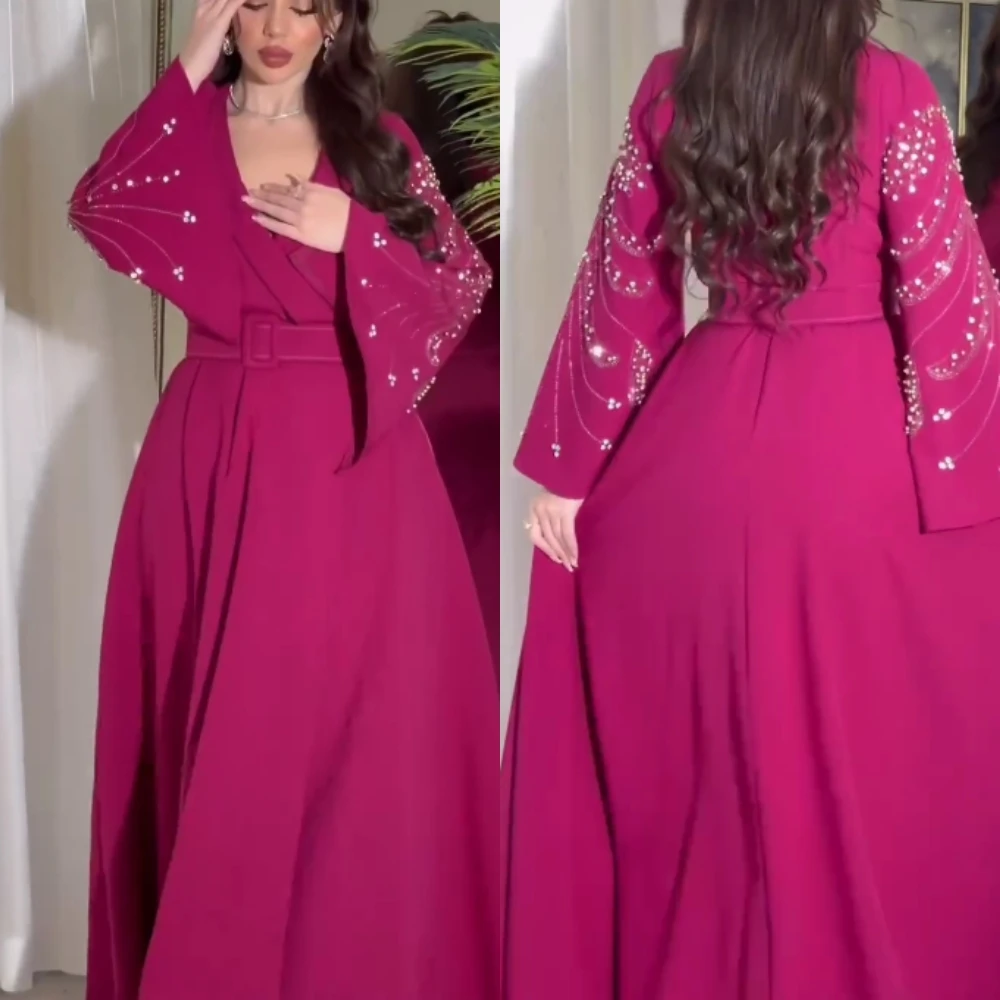 Customized Evening Saudi Arabia Jersey Sash Beading Engagement A-line V-neck Bespoke Occasion Gown Midi Dresses