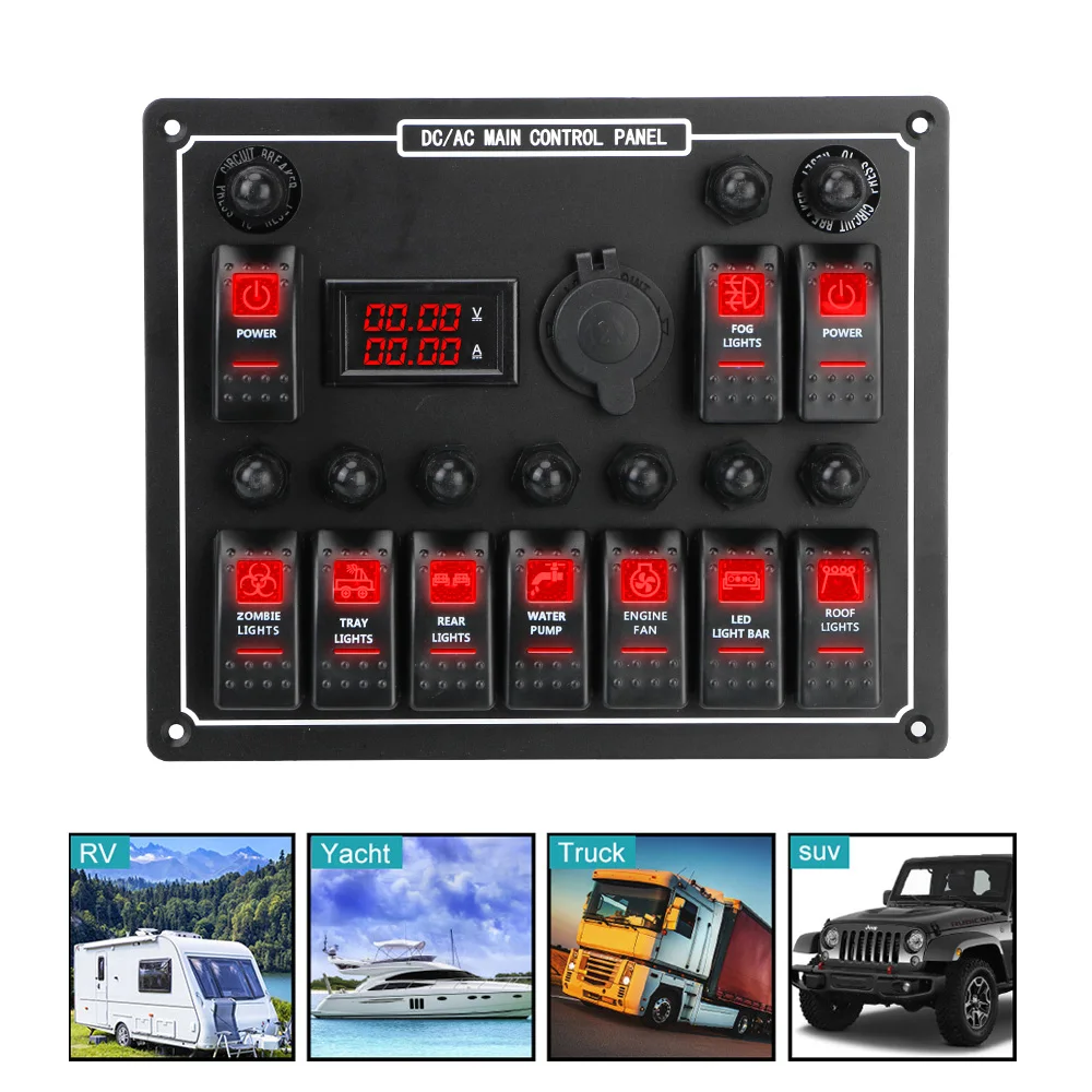 Overload Protection 10 Gang Rocker Switch Panel Waterproof Car Auto Marine LED AC/DC 15A DC Output Dual Power Control