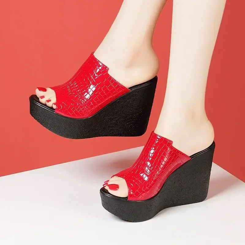 11cm Small Size 32-43 Summer Bright Leather Shoes Platform Wedges Slides 2026 High Heels Slippers Women for Office Model Mom