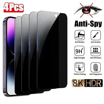 4PCS Privacy Screen Protector For iPhone 16 Pro Max 14 Plus Anti-Spy Glass For iPhone 13 15 12 11