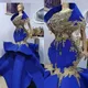 Royal Blue Satin Mermaid Evening Gowns Saudi Arabia Lace Appliques Beads Prom Dresses Aso Ebi Style Formal Party Dress