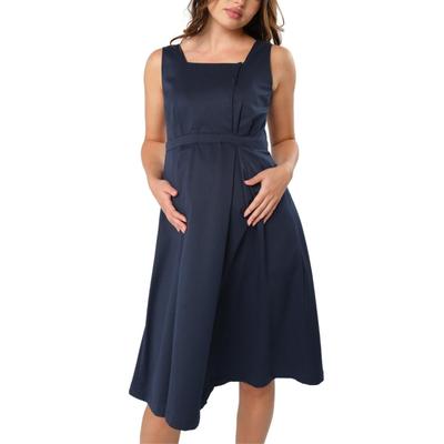 Marion Women's Sleeveless Empire Waist Maternity & Nursing Knee Length Tea Dress in Navy Italian Light Weight Suiting Fabric (Regular & Petite) - Navy