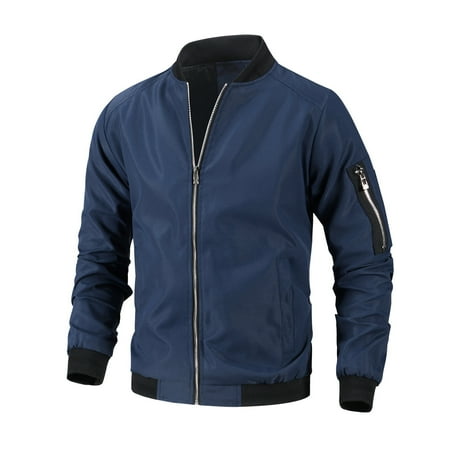 BXINGOHAI bomber jackets for men big and tall zip pockets jacket full zip solid Stand Collar jackets outdoor Baseball Uniform shirts Blue XXXL