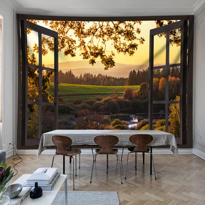 TEMU 1pc Autumn Lakeside Landscape Tapestry - Large Horizontal Peach Light Beige Fabric Wall Hanging With & Design, No Installation Needed For Living Room, Bedroom, Office Home Decor Image