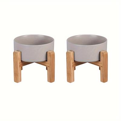 TEMU Ceramic Raised Dog Bowls, Medium - Set Of 2 - Non Slip Wood Stand - Anti Vomiting - 850 Ml