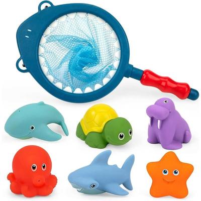 Baby Badespielzeug, 7 Stück Wasserspielzeug Badewanne oder Swimmingpool Schwimmtiere mit Fischernetz Image
