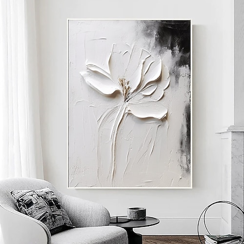 Ölgemälde handgemaltes 3D-Blumengemälde, handgefertigtes Palettenmesser, Blumen, Ölgemälde, Wandkunst, großes 3D-weißes Strukturgemälde, moderne dekorative Gemälde, Impressionismus, abstraktes weißes Image