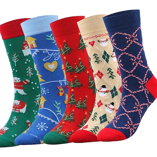 Herren 5 Paare Mehrfachpackungen Socken Socken Stricken Freizeitsocken Weihnachtssocken Rote Marineblau Farbe Weihnachtsbaum Weihnachten Täglich Urlaub Mittel Herbst Winter Modisch Brautkleider Image