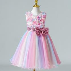 kinderkleidung Mädchen Kleid Farbe Ärmellos Party Täglich Schleife Kuschelig Prinzessin Polyester Knielang Tüll-Kleid Sommer Frühling 3-12 Jahre Rosa Blau Purpur