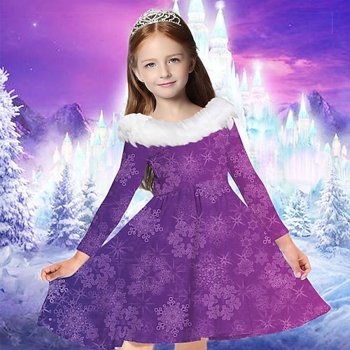 kinderkleidung Mädchen Kleid Schneeflockenkleid Schneeflocke Langarm Casual Pelzkragen Rundhalsausschnitt bezaubernd Täglich Polyester Übers Knie Casual kleid Schaukelkleid A Linie Kleid Herbst Winter Image