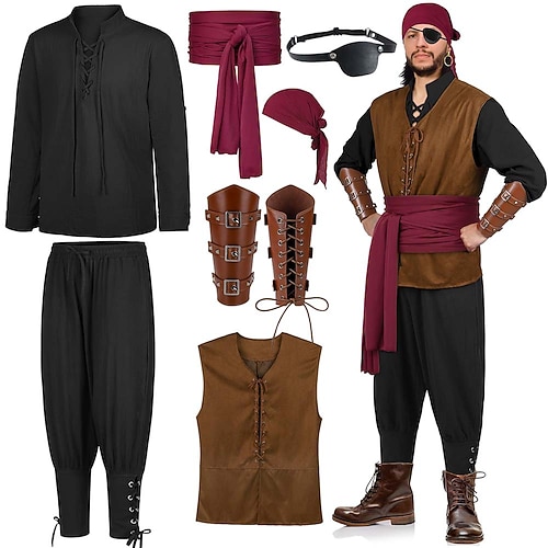 8-teiliges Wikinger-Piratenkostüm für Herren mit Rüstungsset, Retro-Vintage-Mittelalter-Renaissance, 17. Jahrhundert, Ritter, Ranger, Elfen, Walhalla, für Halloween, Karneval, Larp, Renaissance Faire Image