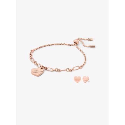 Michael Kors Precious Metal Plated Brass Slider Bracelet and Earrings Gift Set Rose Gold One Size