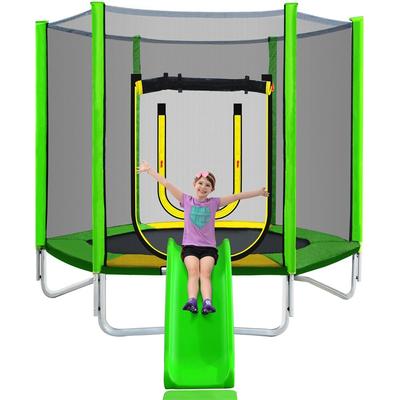 7 FT Round Outdoor Kids Trampoline with Safety Enclosure Net, Slide