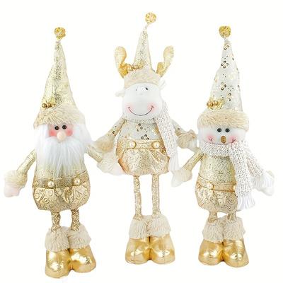 TEMU 3pcs/set Golden Christmas Standing Figure Doll, Santa Claus Snowman Reindeer Christmas Retractable Doll With Retractable Spring Legs, Holiday Home Decor