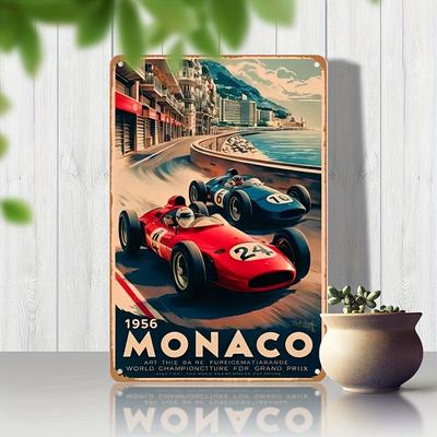 TEMU Vintage Monaco 1956 Metal Tin Sign - Retro Race Car Wall Art, High-quality Iron Craftsmanship, Pre-drilled Holes For Easy Mounting, 12x8 Inch Classic Racing Poster Replica Image
