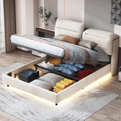 Polsterbett 160x200 cm mit LED-Beleuchtung, Kopfteil mit Stauraum, Lattenrost, Doppelbett mit Image