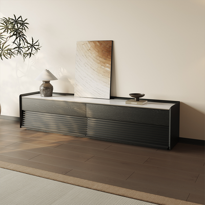 78.74" Mid-Century Glossy Sintered Stone Tabletop TV Stand, Modern Entertainment Center, Black Cabinet with Adjustable Light, Fully-Assembled, Perfect for 75-inch TVs