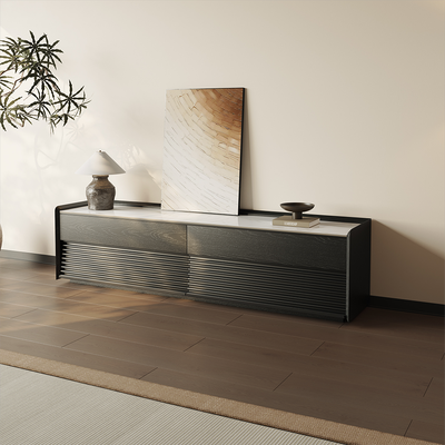 70.87" Mid-Century Glossy Sintered Stone Tabletop TV Stand, Modern Entertainment Center, Black Cabinet with Adjustable Light, Fully-Assembled, Perfect for 65-inch TVs