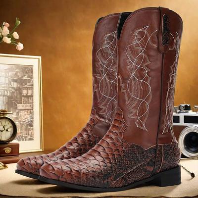 Men's Brown Western Cowboy Boots with Snakeskin Pattern and Embroidered Shaft – Vintage Style Faux Leather Boots for Rodeo and Casual Wear