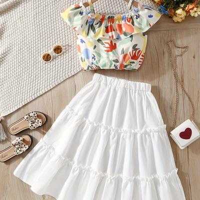 TEMU Floral Suspender Top And Long Skirt Girls Outfit Elegant Style 2pcs Summer Clothes