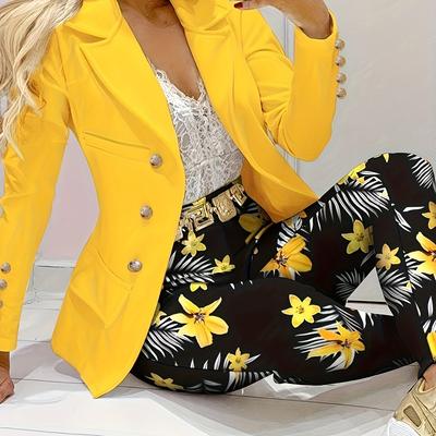 TEMU Elegant Floral Print Suit Set, Double-breasted Long Sleeve Lapel Blazer & High Waist Slim Pants For Spring & Fall, Women's Clothing