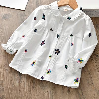 TEMU Boho Flowers Embroidered Little Girls Doll Collar Blouse, 95% Cotton Casual Long Sleeve Shirt, Spring/fall Clothing