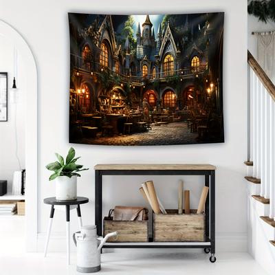 TEMU 1pc Castle Tapestry - Large Fantasy Wall Hanging With Architecture & Magical Ambiance, Polyester, For Living Room & Dorm Decor, Bedroom Art|magical Scene Decor|woven Texture, Castle Decor Image