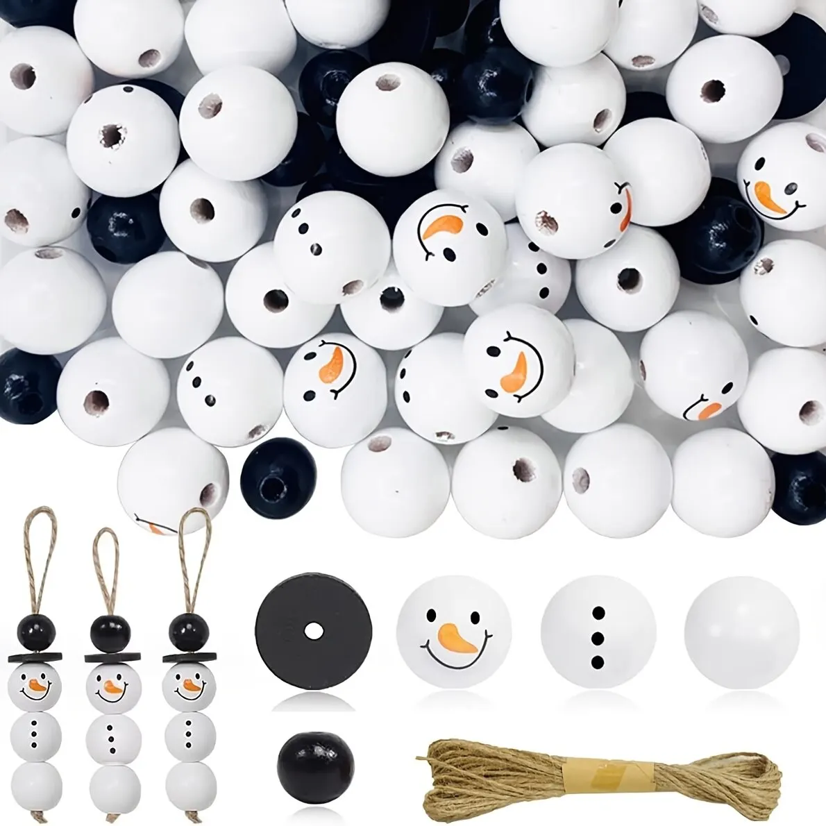 50pcs/100 pièces bonhomme de neige de noël perles en bois avec ficelle de Jute inachevé hiver blanc rond pour bricolage artisanat faisant fête de vacances
