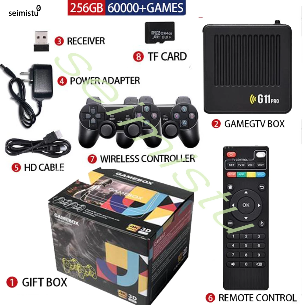 G11 Pro Game Box TV Box, 256 Go, 60000 + jeux rétro intégrés, clé de jeu 4K HD, console de jeu vidéo, manette de jeu sans fil pour PS1, 2.4G