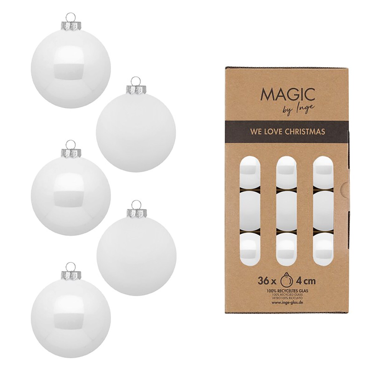 Inges Magic & Goodz 36 Weihnachtskugeln Glas 4cm matt & glänzend Christbaumkugeln Weihnachtsbaumkugeln Weihnachten Christbaumschmuck Weihnachtsbaumschmuck Weiß Image