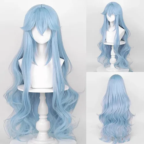 Perruque synthétique longue ondulée bleue pour femmes, avec frange, perruque moelleuse de jeu d'anime Cosplay résistante à la chaleur pour fête quotidienne