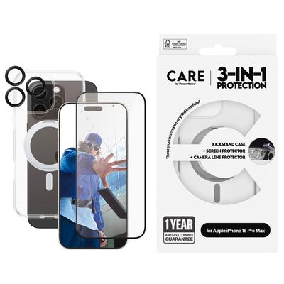 CARE BY PANZERGLASS Displayschutzglas "3-in-1 Protection, Ceramic Glass, Kickstand Case, Lens Cover" Displayfolien Displayschutzfolie, Schutzfolie, Bildschirmschutz, kratz- & stoßfest schwarz (transparent, silber, schwarz)