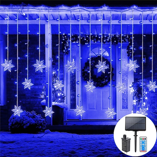 Schneeflocken Lichterkette Außen Solar 8 Modi 5M 216LED 3,5M 96LED Fernbedienung Solarenergie 24V Stecker lichterkette LED Girlande Vorhang Feenlichter für Garten Vordach Party Dekor Image