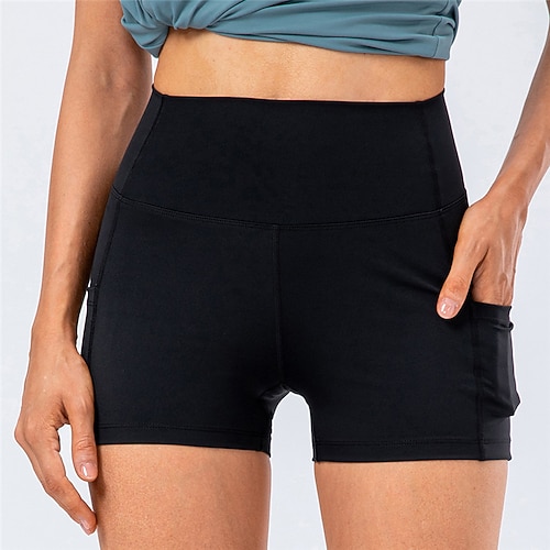 Damen Fitnessshorts Yogashorts Trainingsshorts mit handytasche Hohe Taille Pilates Fitnesstraining Training Shorts Einfarbig Schwarz Weiß Gelb Sport Sportkleidung Dehnbar Schlank Image