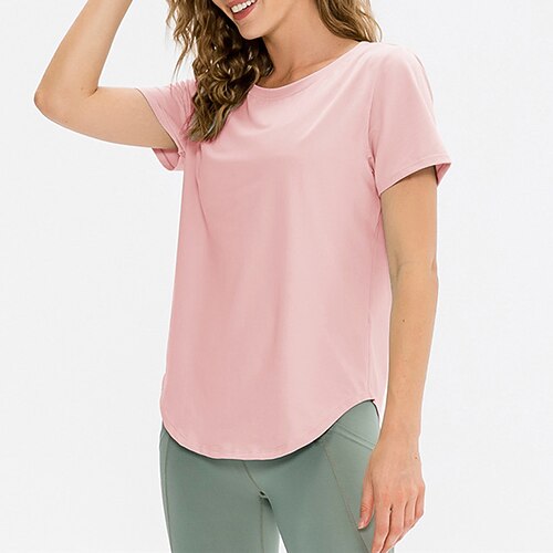 Damen Lauf-T-Shirt Kurzarm T-Shirt Lässig Athleisure Sommer Einfarbig Schnelltrocknend Weich Atmungsaktiv Fitnesstraining Gehen Joggen Sportbekleidung Sportkleidung Blau Aprikose Schwarz Image